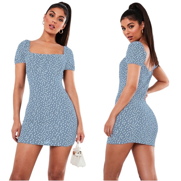 MISSGUIDED POLKA DOT MILKMAID MINI DRESS IN POWDER BLUE - BNWT - Picture 1 of 1